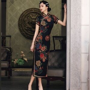 🆕 Doveyaf China Vintage Collection Qi Pao Black & red Floral Formal Dress_Large